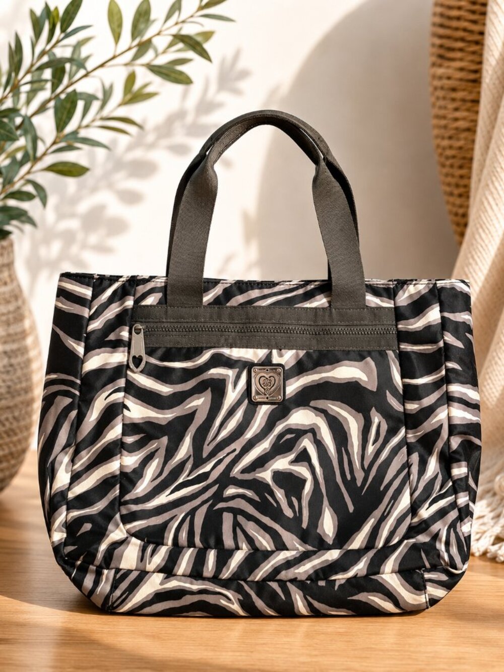 Brighton Zebra Print Nylon Tote Bag Y2K Travel Shoulder Carryall